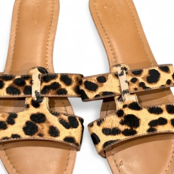 J. Crew Factory Beachside Slides Tan Leopard Calf Hair Sandals Size 8 - Picture 5 of 11